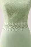 Verde Gasa Vestido de Dama de Honor Largo con Volantes