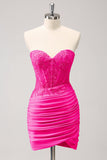 Vestido de fiesta corto ajustado con corsé de novia fucsia con cuentas