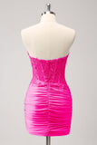 Vestido de fiesta corto ajustado con corsé de novia fucsia con cuentas