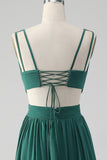 Vestido Largo de Dama de Honor en Verde Oscuro, de Chiffon con Cordones en la Espalda y Corte Tipo A