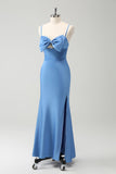 Azul Vestido de dama de honor con tirantes de espagueti sirena con moño