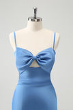 Azul Vestido de dama de honor con tirantes de espagueti sirena con moño