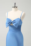 Azul Vestido de dama de honor con tirantes de espagueti sirena con moño