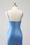 Azul Vestido de dama de honor con tirantes de espagueti sirena con moño
