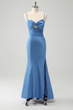 Azul Vestido de dama de honor con tirantes de espagueti sirena con moño