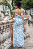 Vestido Maxi de Invitada de Boda con Estampado de Flores Azules y Blancas, de Sirena con Abertura