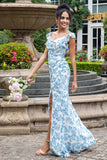 Vestido Maxi de Invitada de Boda con Estampado de Flores Azules y Blancas, de Sirena con Abertura