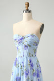 Vestido Largo de Invitada de Boda Floral Azul, Plisado, Tipo A, con Escote Corazón