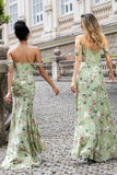 Vestido de Fiesta Verde con Corsé de Sirena y Estampado de Flores Grandes