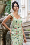 Vestido de Fiesta Verde con Corsé de Sirena y Estampado de Flores Grandes