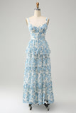 Vestido Largo de Fiesta en Blanco y Azul con Estampado, Tipo A, Escote Corazón y Falda en Capas