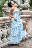 Vestido Largo de Fiesta en Blanco y Azul con Estampado, Tipo A, Escote Corazón y Falda en Capas