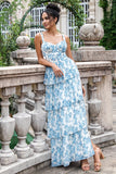 Vestido Largo de Fiesta en Blanco y Azul con Estampado, Tipo A, Escote Corazón y Falda en Capas