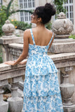 Vestido Largo de Fiesta en Blanco y Azul con Estampado, Tipo A, Escote Corazón y Falda en Capas
