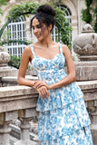 Vestido Largo de Fiesta en Blanco y Azul con Estampado, Tipo A, Escote Corazón y Falda en Capas