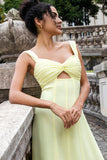 Amarillo Limón Vestido De Dama De Honor Largo Con Escote en Ojo de Cerradura y Abertura