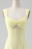 Vestido De Fiesta Amarillo Limón Linea A Con Escote Cuadrado y Detalle de Llave