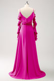 Fucsia Vestido de dama de Honor Largo Linea A en Gasa