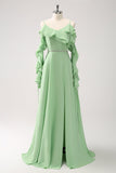 Verde Claro Vestido de dama de Honor Largo Linea A en Gasa