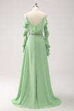 Verde Claro Vestido de dama de Honor Largo Linea A en Gasa