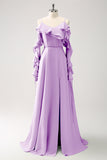 Fucsia Vestido de dama de Honor Largo Linea A en Gasa