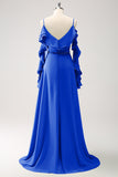 Azul Real Vestido de dama de Honor Largo Linea A en Gasa