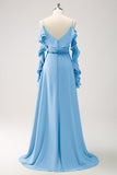 Azul Real Vestido de dama de Honor Largo Linea A en Gasa