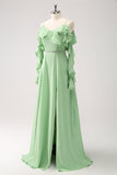 Verde Claro Vestido de dama de Honor Largo Linea A en Gasa