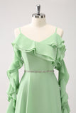 Verde Claro Vestido de dama de Honor Largo Linea A en Gasa