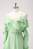 Verde Claro Vestido de dama de Honor Largo Linea A en Gasa