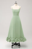 Vestido de Dama de Honor Elegante en Verde Oscuro con Tirantes Finos y Corte A Línea