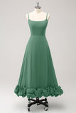 Vestido de Dama de Honor Elegante en Verde Oscuro con Tirantes Finos y Corte A Línea