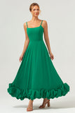 Elegante vestido de dama de honor largo de gasa con tirantes de espagueti verde de una línea