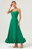 Elegante vestido de dama de honor largo de gasa con tirantes de espagueti verde de una línea