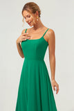 Elegante vestido de dama de honor largo de gasa con tirantes de espagueti verde de una línea