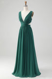 Vestido Largo de Dama de Honor en Verde Oscuro, de Chiffon con Cordones en la Espalda y Corte Tipo A