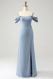 Gris Azulado Vestido De Dama De Honor En Gasa Con Escote Off-Shoulder y Abertura