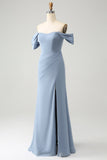 Gris Azulado Vestido De Dama De Honor En Gasa Con Escote Off-Shoulder y Abertura