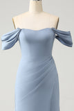 Gris Azulado Vestido De Dama De Honor En Gasa Con Escote Off-Shoulder y Abertura