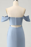 Gris Azulado Vestido De Dama De Honor En Gasa Con Escote Off-Shoulder y Abertura