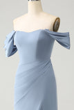 Gris Azulado Vestido De Dama De Honor En Gasa Con Escote Off-Shoulder y Abertura