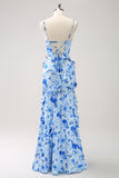 Azul Floral Vestido de Dama de Honor con Volantes