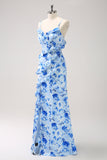 Azul Floral Vestido de Dama de Honor con Volantes