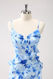 Azul Floral Vestido de Dama de Honor con Volantes