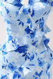 Azul Floral Vestido de Dama de Honor con Volantes