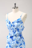 Azul Floral Vestido de Dama de Honor con Volantes