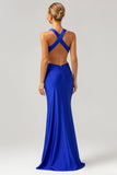 Vestido de dama de honor largo fruncido con cuello en V azul real