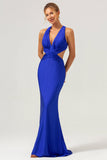 Vestido de dama de honor largo fruncido con cuello en V azul real