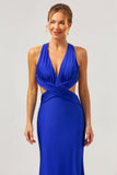 Vestido de dama de honor largo fruncido con cuello en V azul real