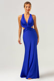 Vestido de dama de honor largo fruncido con cuello en V azul real